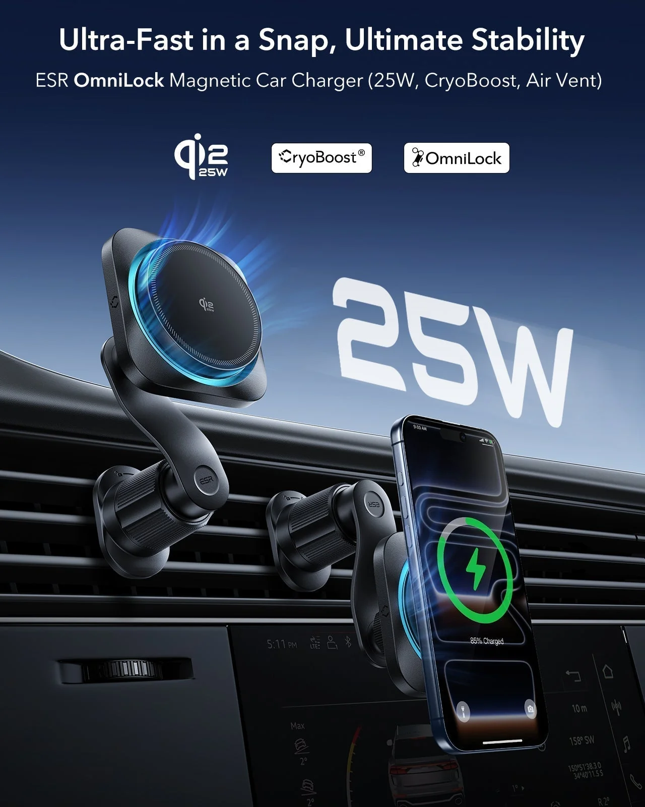 25W CryoBoost 3-in-1 Magnetic Charger (Qi2) and Car Charger (Air Vent) Bundle - US Plug–Black - Image 12