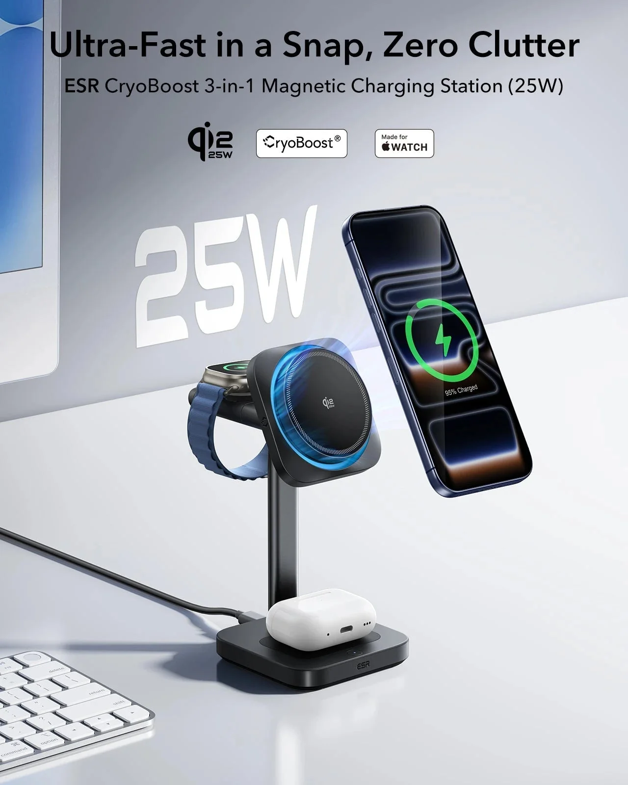 25W CryoBoost 3-in-1 Magnetic Charger (Qi2) and Car Charger (Air Vent) Bundle - US Plug–Black - Image 4