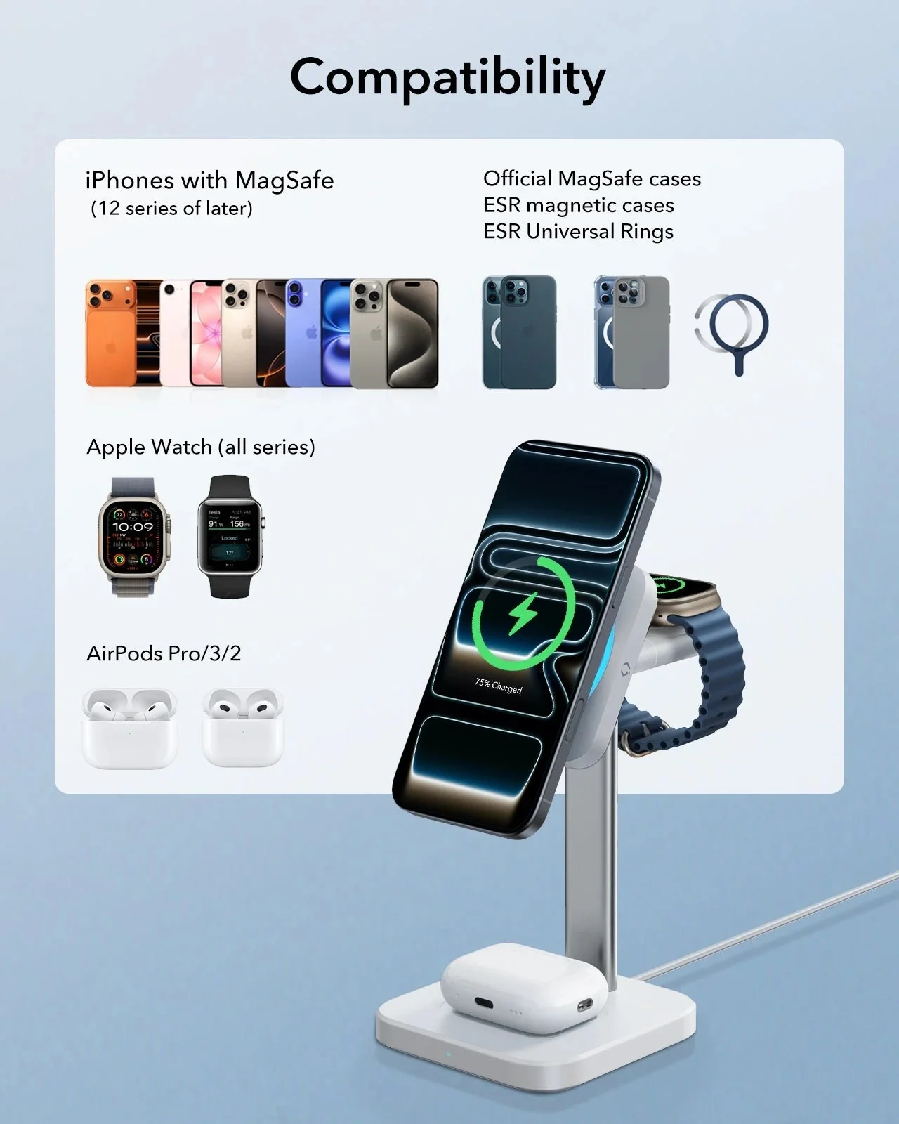15W 3-in-1 Wireless Charging Station with CryoBoost (HaloLock) and AirPods Pro 3 Orbit Hybrid Case Bundle - Black - US Plug - Image 3