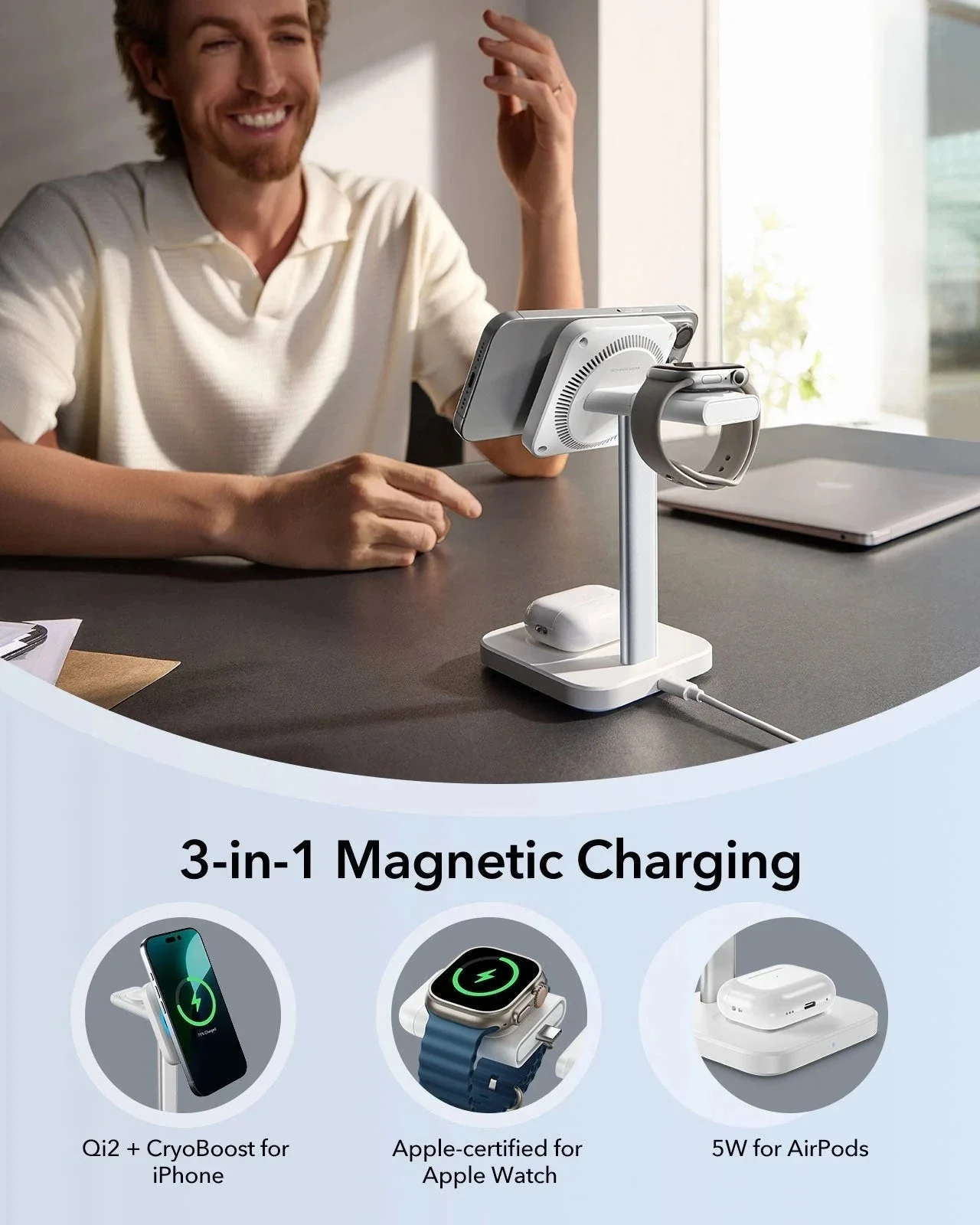 15W 3-in-1 Wireless Charging Station with CryoBoost (HaloLock) and AirPods Pro 3 Pulse FlickLock Case Bundle - Black - US Plug - Image 9
