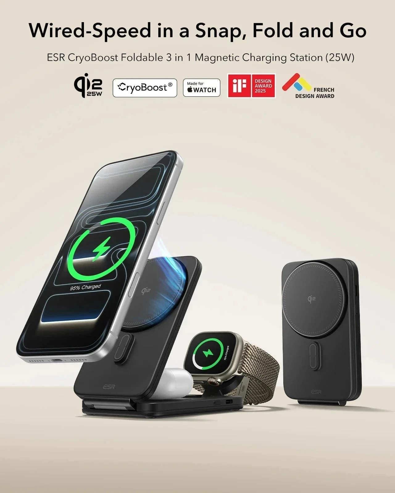 CryoBoost Foldable 3-in-1 Magnetic Charging Station (25W) – US Plug-Black - Image 4