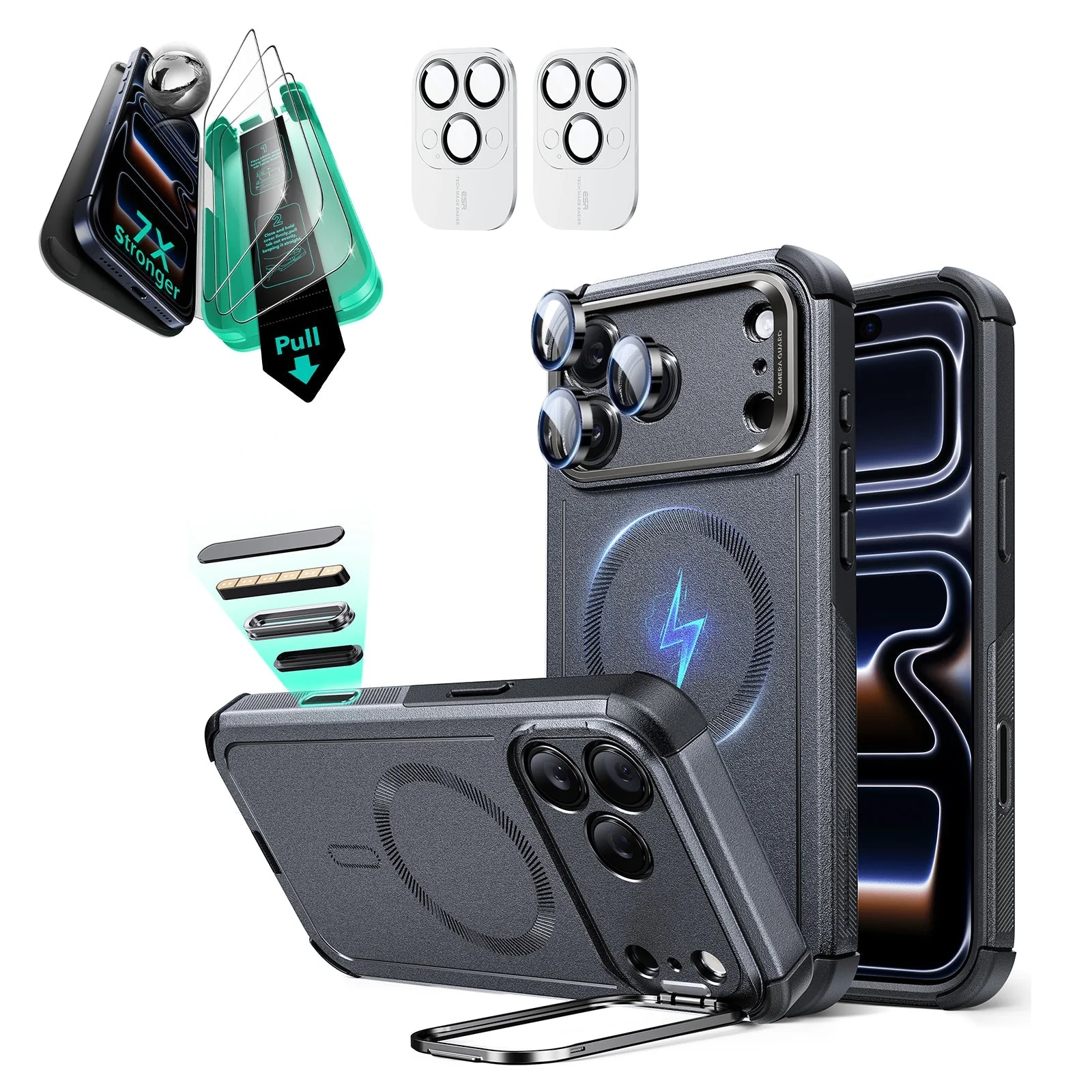 iPhone 17 Pro Max Bundle Cyber Tough Magnetic Case (Camera Control, Stash Stand) and Armorite Screen Protector - Space Gray