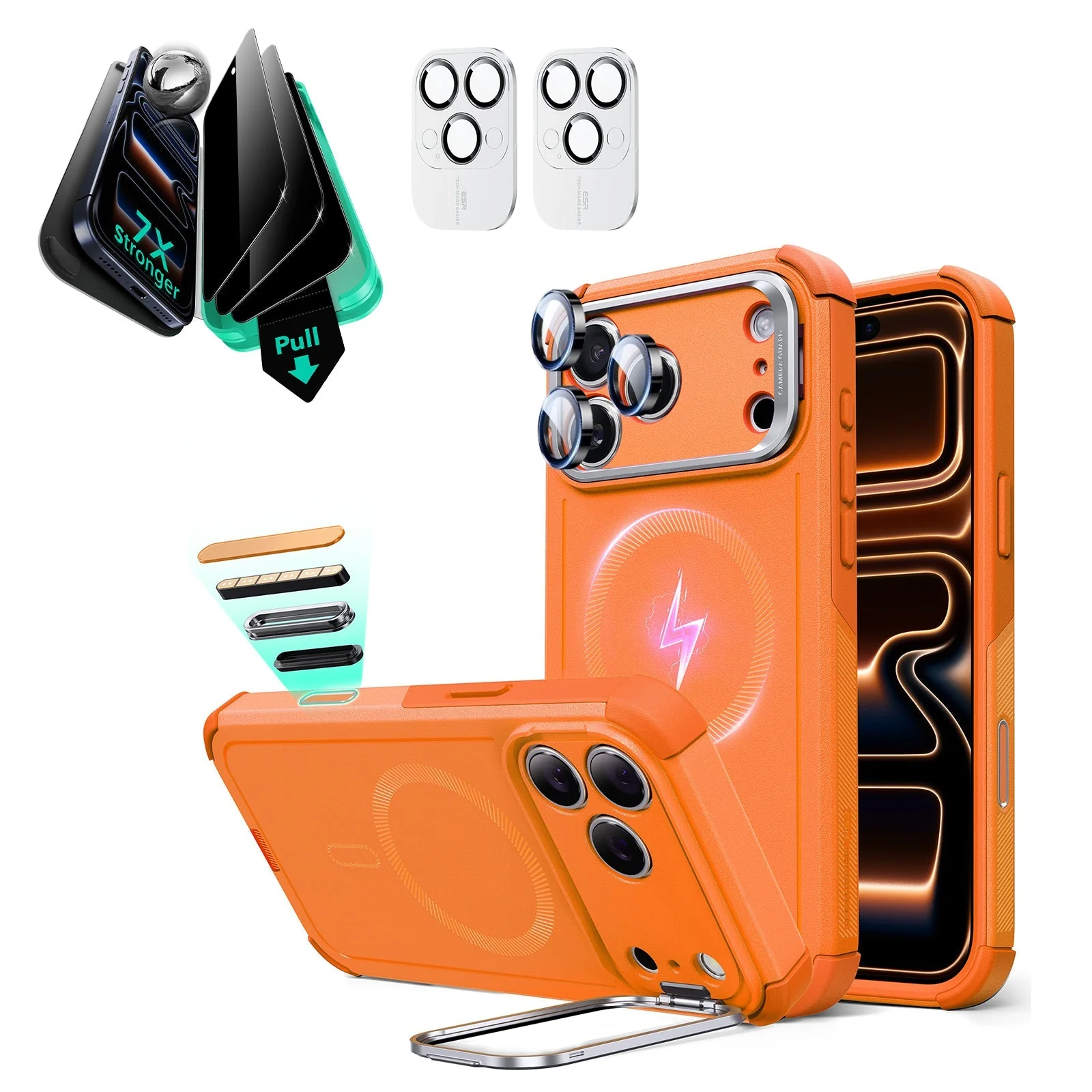 iPhone 17 Pro Bundle Cyber Tough Magnetic Case (Camera Control, Stash Stand) and Armorite Privacy Screen Protector - Orange