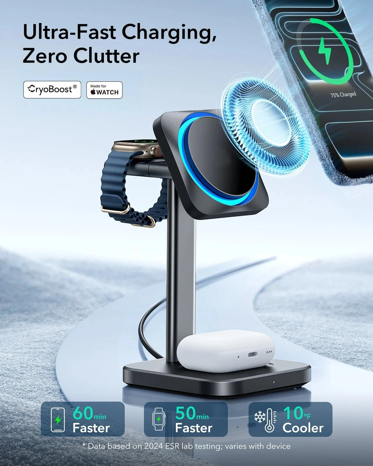 15W 3-in-1 Wireless Charging Station with CryoBoost (HaloLock) and Wallet Stand Bundle - Black - US Plug - Image 4