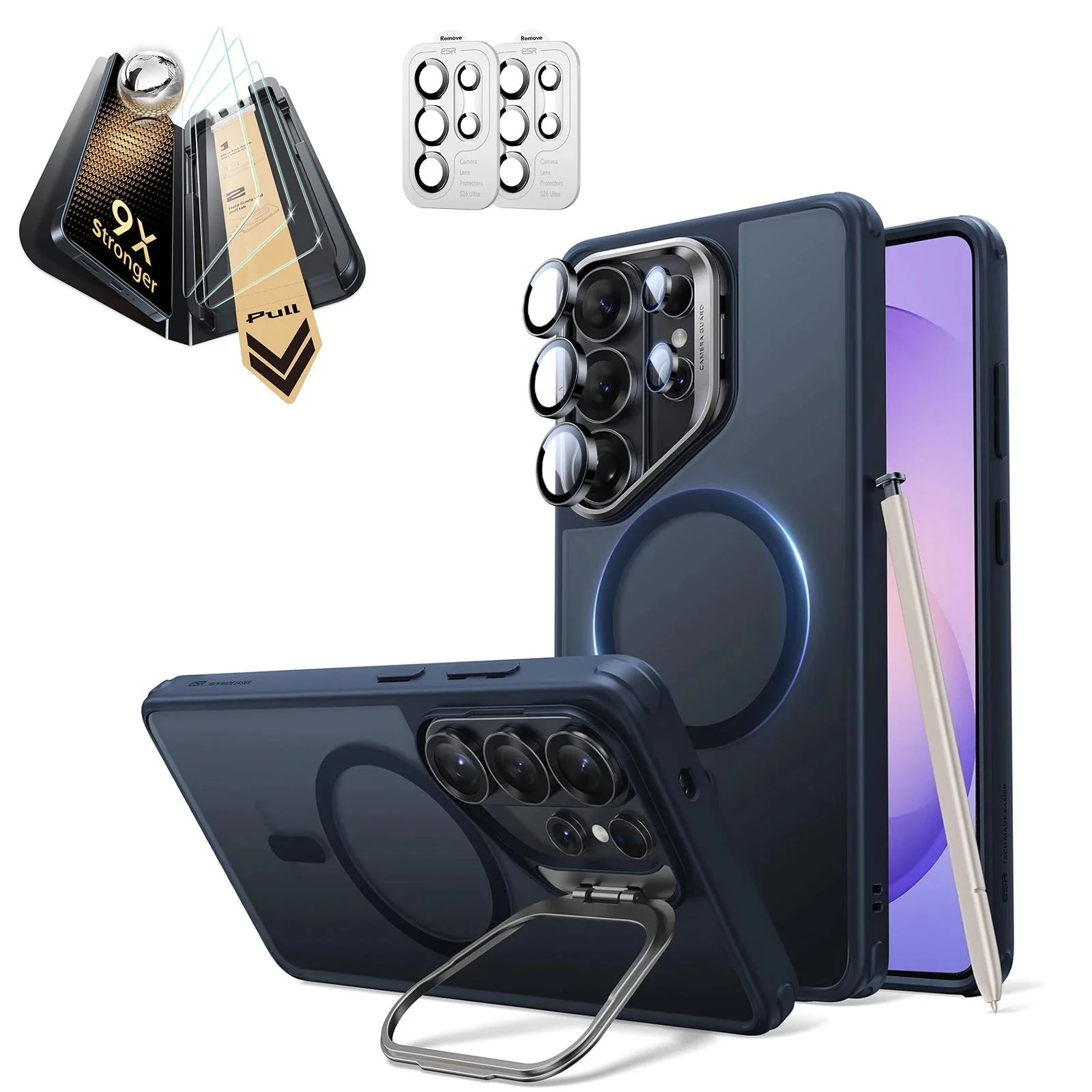 Galaxy S26 Ultra Bundle Classic Hybrid Magnetic Case (Stash Stand) and ArmoriteĀ® Pro Screen Protector - Frosted Blue