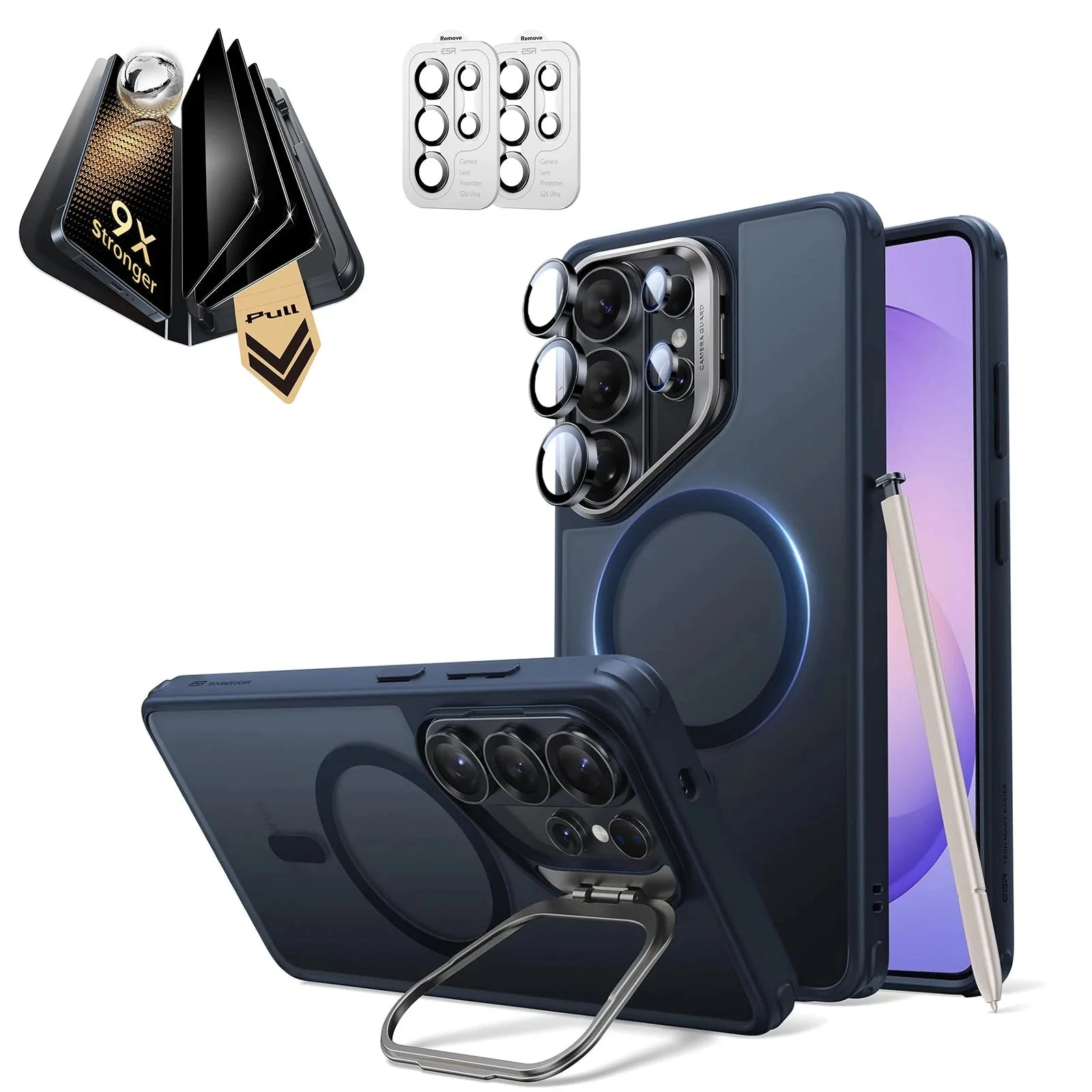 Galaxy S26 Ultra Bundle Classic Hybrid Magnetic Case (Stash Stand) and Armorite® Pro Privacy Screen Protector - Frosted Blue