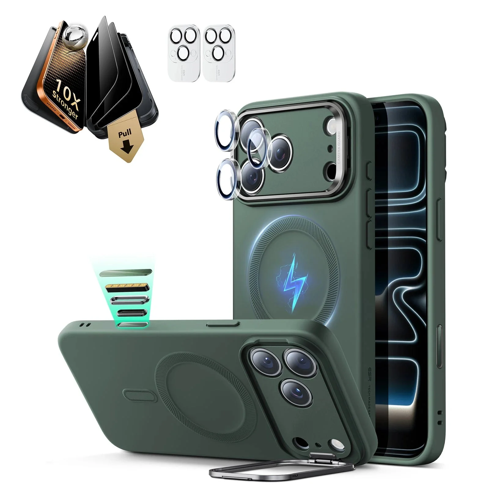 iPhone 17 Pro Bundle Cloud Soft Magnetic Case (Stash Stand) and Armorite Pro Privacy Screen Protector - Olive Green
