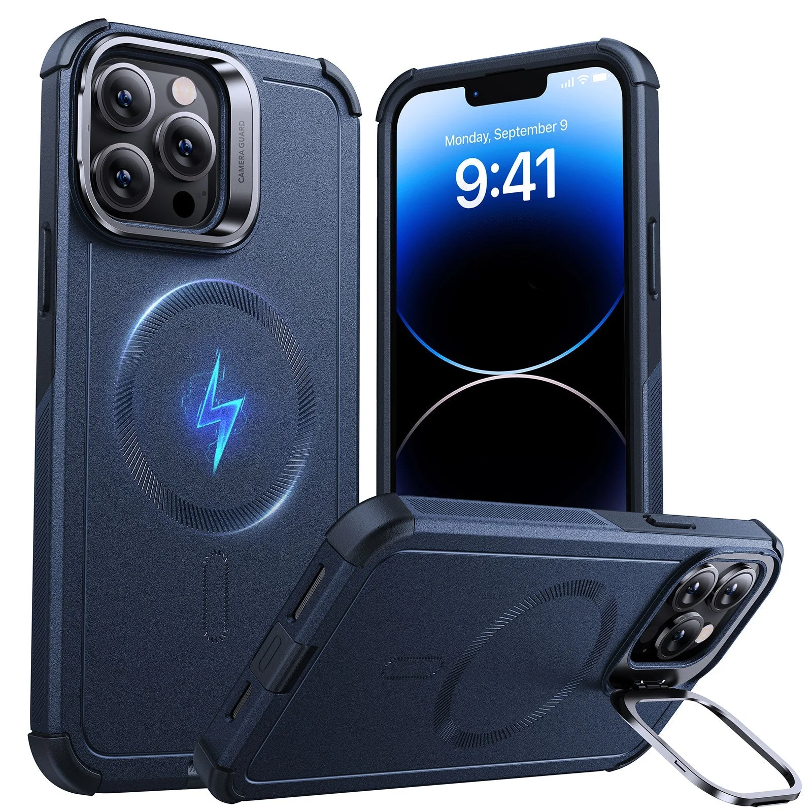 iPhone 14 Pro Cyber Tough Magnetic Case (Stash Stand) - Dark Blue