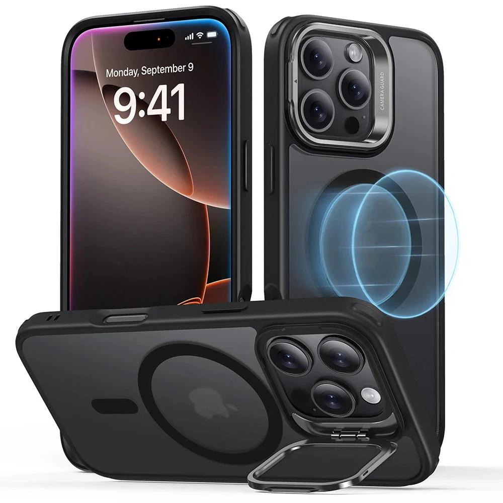 iPhone 16 Pro Classic Hybrid Case with Stash Stand (HaloLock) - Frosted Black