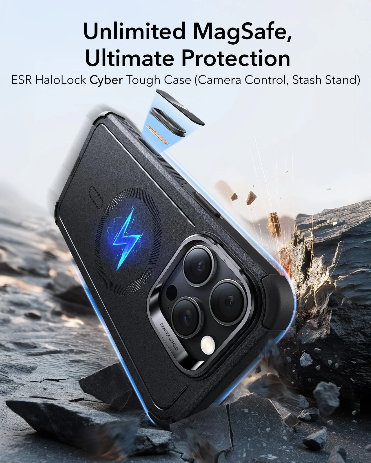 iPhone 16 Pro Cyber Tough Magnetic Case Protection Bundle (Camera Control, Stash Stand) - Black - Image 3