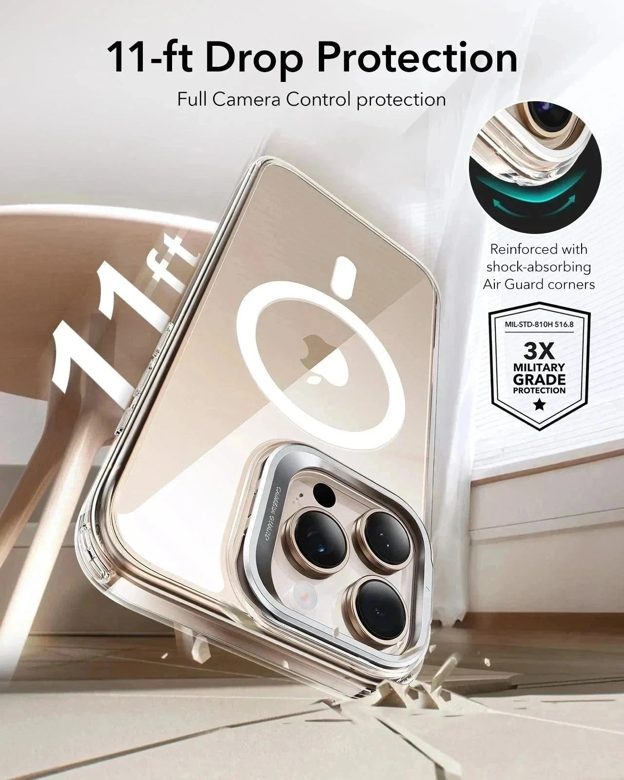 iPhone 16 Pro Classic Hybrid Magnetic Case Protection Bundle (Camera Control, Stash Stand) - Clear Black - Image 7