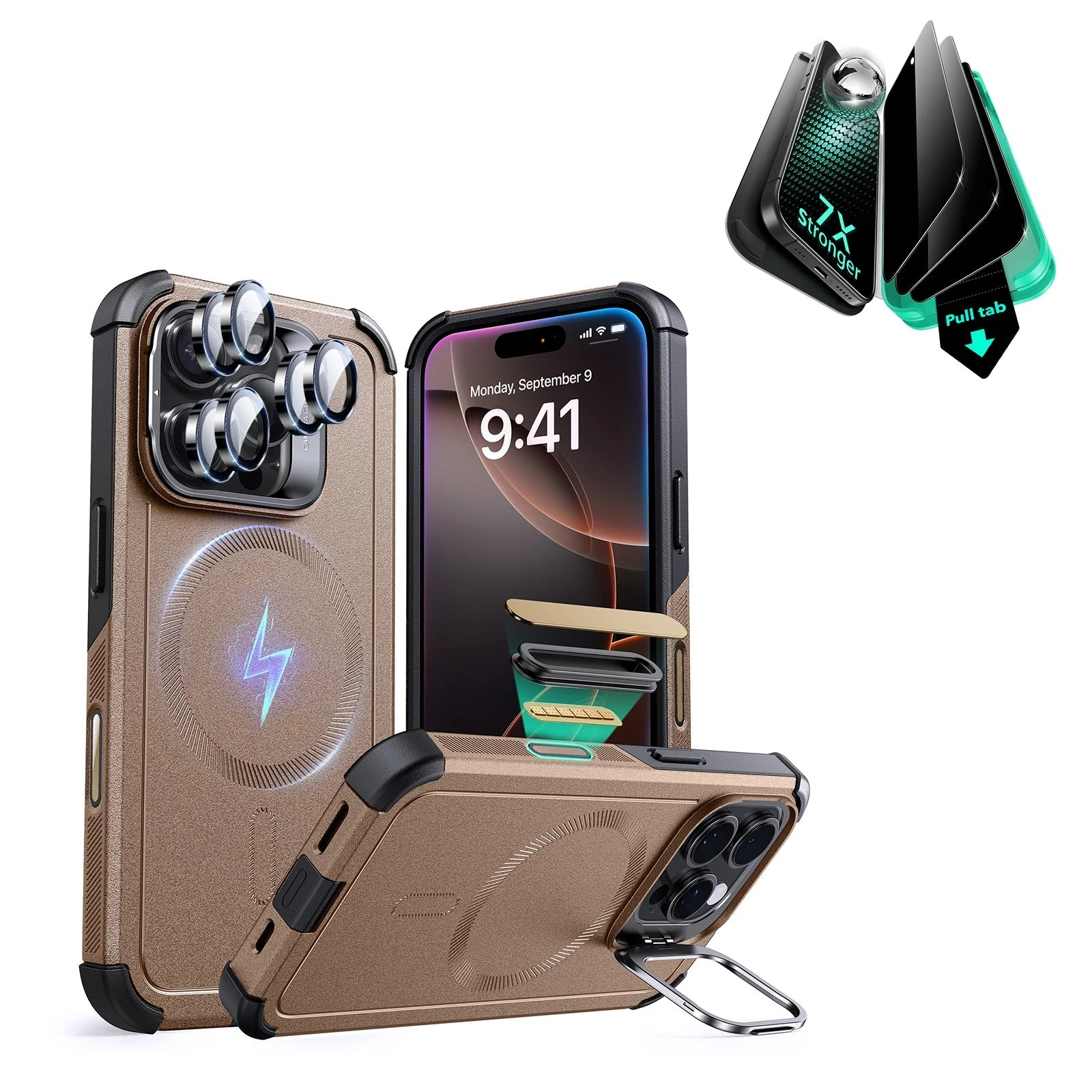 iPhone 16 Pro Max Cyber Tough Magnetic Case Privacy Protection Bundle (Camera Control, Stash Stand) - Desert Titanium