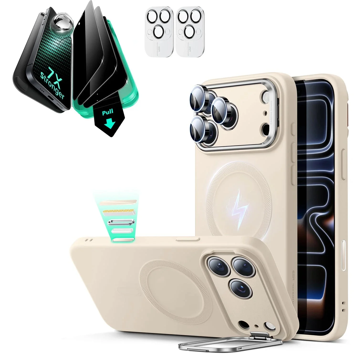 iPhone 17 Pro Cloud Soft Magnetic Case (Camera Control, Stash Stand) Armorite Privacy Protection Bundle - Light Tan