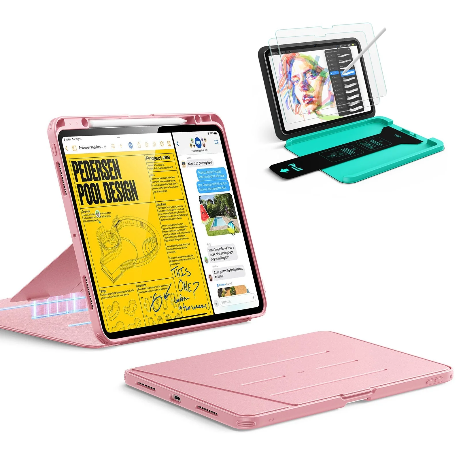 iPad Pro 13" (2025) Bundle Flip Magnetic Case with Pencil Holder & ArmoriteĀ® Paper-Feel Protection - Pink