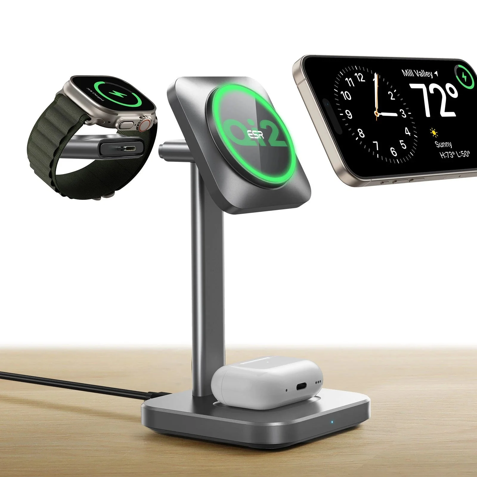 Qi2 3-in-1 Watch Wireless Charging Set (HaloLock) - Grey - US PLUG - Image 3