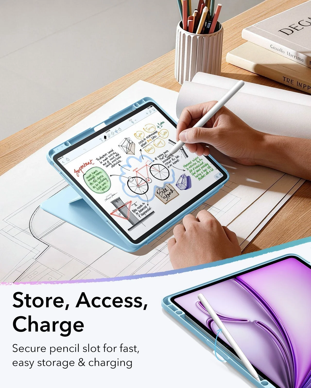 iPad Air 13" (M4) 2026 Bundle Flip Magnetic Case with Pencil Holder & Armorite® Paper-Feel Protection - Sky Blue - Image 8